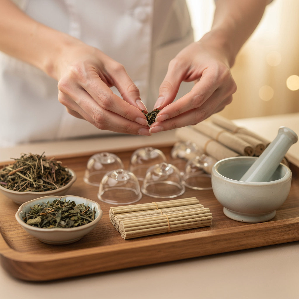 Daniel Diamond, L.Ac., OMD showcasing traditional Chinese medicine herbs and diagnostic tools in Santa Barbara